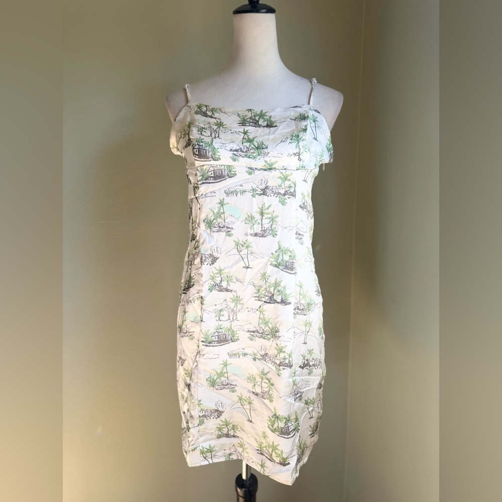 Y2K animal ‎ ivory Green safari slip Mini Dress satin vacation palm tree boho xl